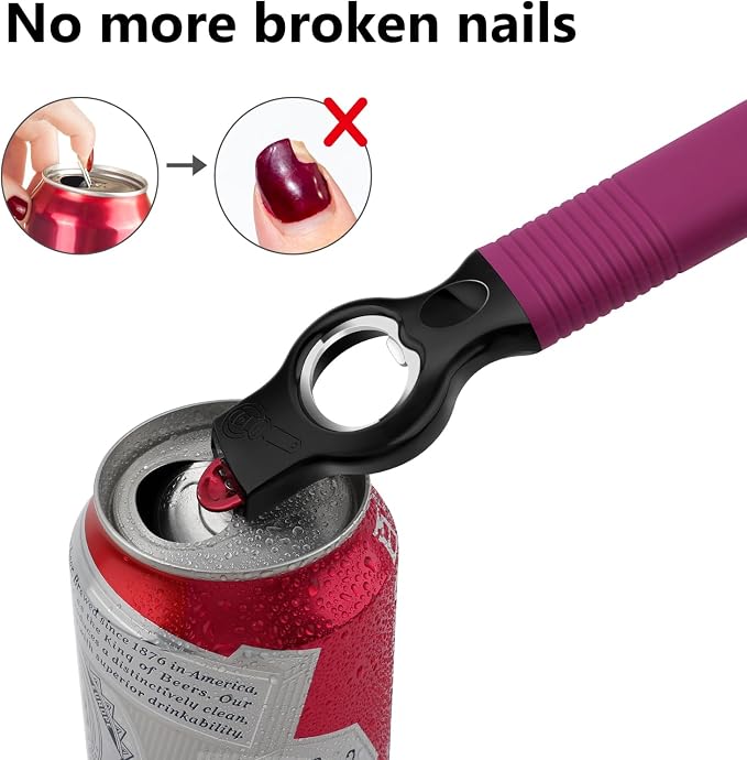2-Pack Magnetic Beer Bottle Opener & Soda Can Opener, 2-in-1 Bottle Opener and Can Tab Opener Tool for Bartender, Long Nails, Arthritis, Seniors, Silicone Handle with Build in Magnet - Rosy