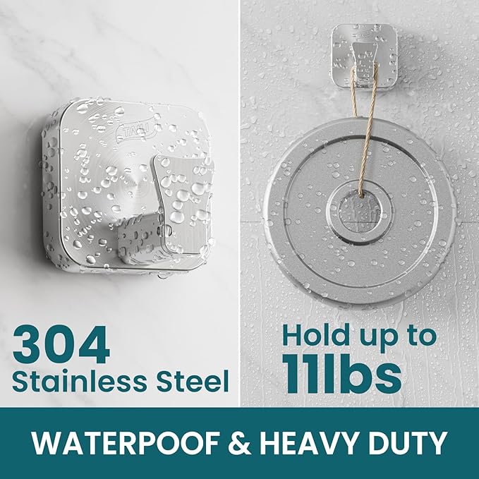 TAILI 304 Stainless Steel Bathroom Suction Hooks for Towel, Bathrobe, Loofah, Patented Strong Suction Cup Holder, No Damage Hanging Glass Shower Wall Hook, Hold Up to 11 Lbs, 2 Pack, Silver