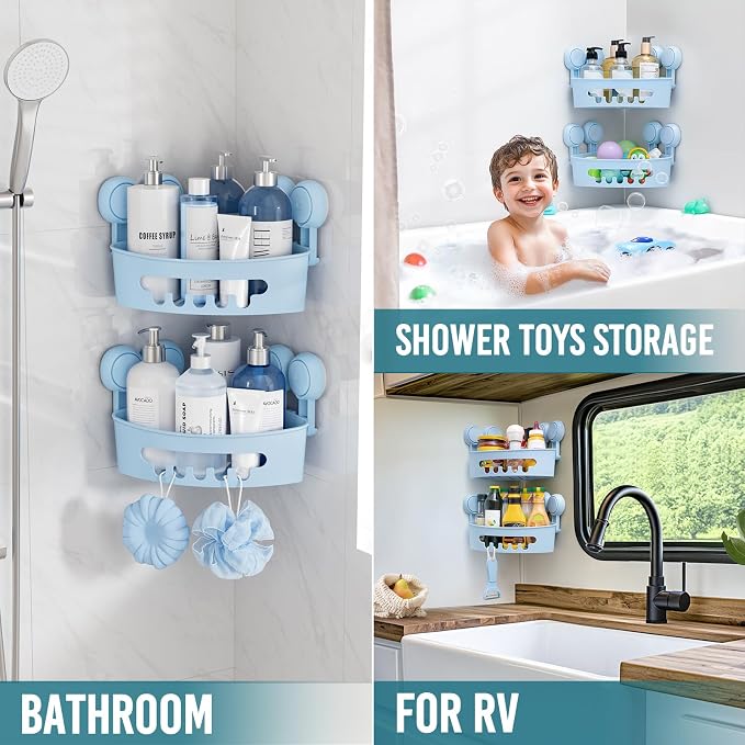 TAILI Corner Shower Caddy with Suction Cups, Wall Mounted Organizer Plastic Rack for Small Bathrooms, Kitchen, Removable Drill-Free Heavy Duty Shelf Basket, BLUE