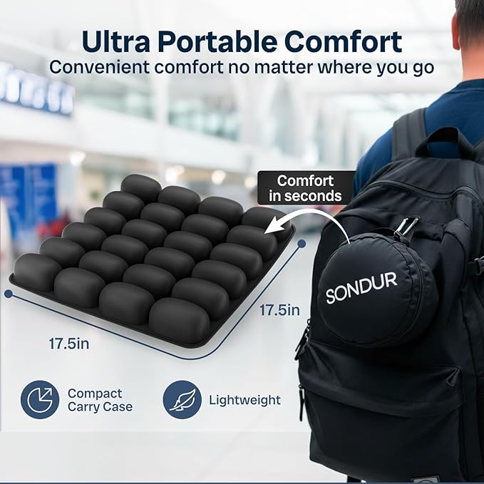 Sondur™ Travel Cushion – CloudAir Technology Airplane Seat Cushion – Inflatable Travel Cushion for Long Flights – Portable Air Cell Design, Puncture-Resistant Waterproof Pad – Black