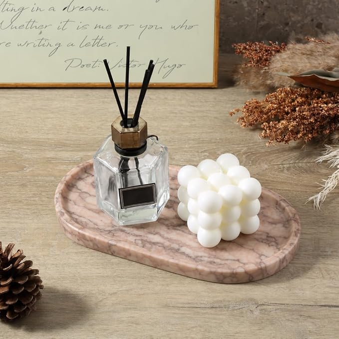 Koville Natural Marble Decorative Tray Stone Plate, 10" x 5" Marble Vanity Tray for Bathroom Countertop Organizer Stone Trays, Catchall Tray for Perfume, Candles, Jewelry (Moca Jade)