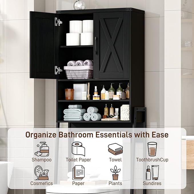 Vabches Over The Toilet Storage Cabinet, Farmhouse Over Toilet Storage Cabinet, Metal Frame with 2 Barn Doors, Home Space-Saving Toilet Rack for Bathroom, Toilet, Laundry Room,Black