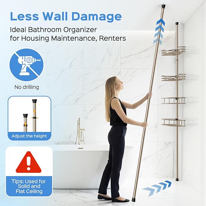 HAMITOR Shower Caddy Corner Tension Pole: 4-Tier Large Capacity Bathroom Organizer Shelves - Rustproof No-Drill Adjustable 47-123 inch Shower Storage for Renters, Home Bathtub Stand Rack, Tan Khaki