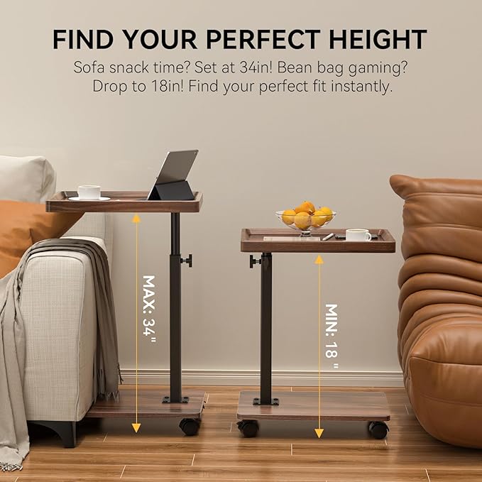 C Table End Table Adjustable Height, 360°Swivel TV Tray Table for Small Spaces, Couch Tables That slide under, C Shaped Side Tables living room and bedroom for Sofa, Bed,Chair, Snack (1, Walnut Brown)