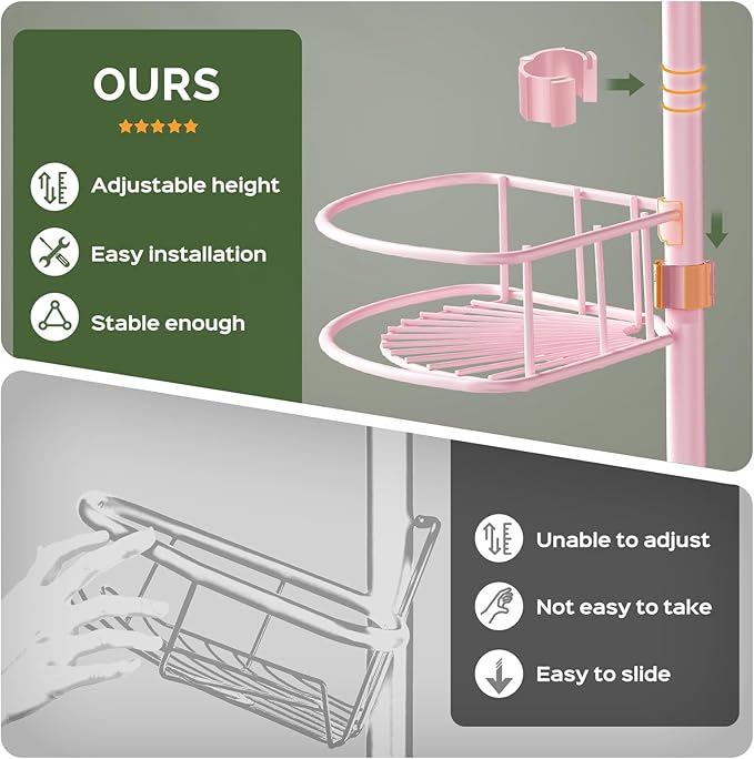 HAMITOR Corner Shower Caddy Tension Pole: 4-Tier Rust-Resistant Adjustable Bathroom Organizer Shelves - 47-121 Inch No-Drill Quick Installation - Space-Saving Storage for Renters Family - Pink