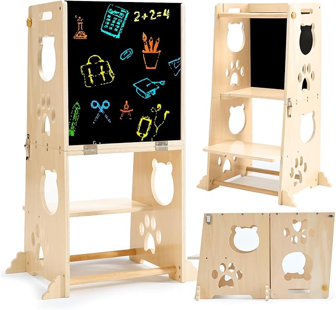 Collapsible Toddler Kitchen Step Stool With Chalkboard, Safety Rail, and Standing Tower for Kids 1-3