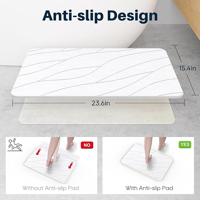 Closefriend Diatomite Stone Bath Mat - Fast Drying Bathroom Stone.Absorbent Quick Dry Diatomaceous Earth Bath MatNonslip - White 2 Pack