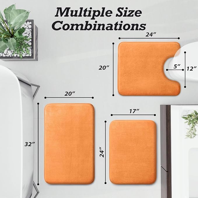HUXMEYSON Bathroom Rugs Sets 3 Piece, Non-Slip & Quick Dry Bath Mat Set, Ultra Soft Velvet Bath Rugs for Bathroom, Toilet and Shower Floor, Orange