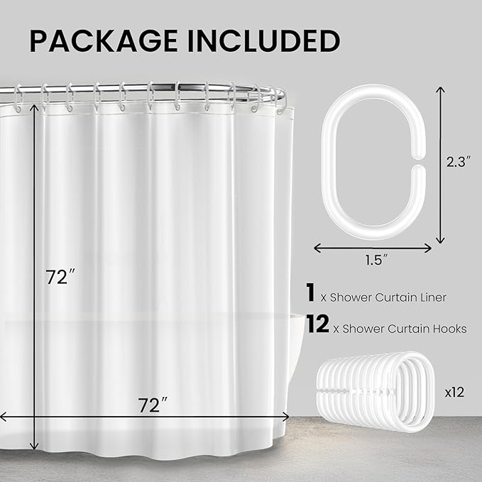 LiBa Bathroom Shower Curtain - Waterproof Plastic Shower Curtain Premium PEVA Non-Toxic with Rust Proof Grommets White 10G Heavy Duty Bathroom Accessories 72x72 (Pack of 2)