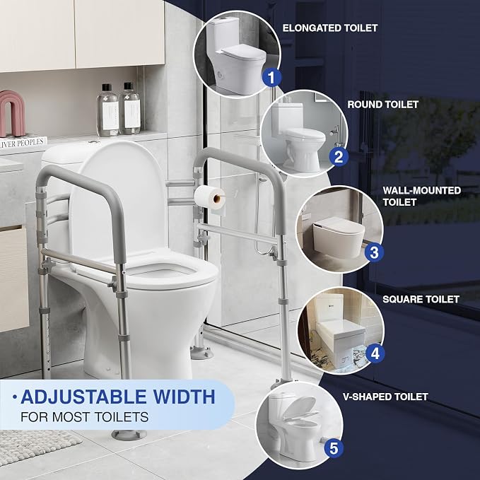 Loyoda Foldable Toilet Safety Rails for Seniors - Adjustable Toilet Safety Frame & Toilet Handles for Elderly & Disabled, Fits Most Toilets, 350lb Capacity, Gray | Safety Frame & Toilet Handles for Elderly & Disabled, Fits Most Toilets, 350lb Capacity,...