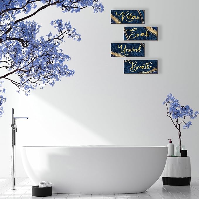 ONIZHITY 4 Pcs Blue and Gold Bathroom Decor Navy Blue Gold Wall Decor Relax Soak Unwind Breathe Wooden Rustic Marble Style Versatile Bathroom Accessories for Bedroom Living Room Decor(10X4)