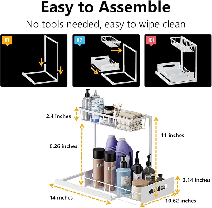 Ceetug Under Sink Organizers and Storage 2 Tier Slide Out Kitchen Cabinet Organizer Sturdy Metal Bathroom Storage (White, 2 Pack)