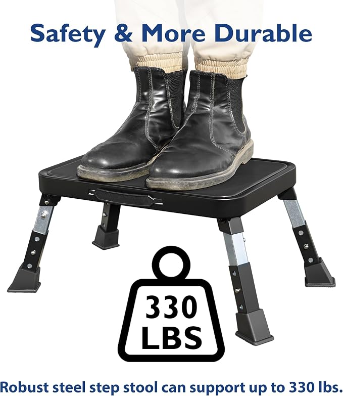 BONTEC Folding Step Stool, 3-Level Adjustable Metal Step Stool with Anti-Slip Pedal and Locking Legs, 330lbs Heavy Duty Folding Foot Stool, Portable Stepping Stool for Kids, Kitchen, Home, Office