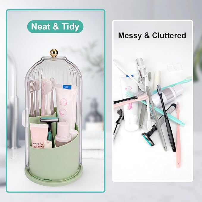 QIYVLOS Toothbrush Holders with Sliding Lid, Rotating 3 Slots Bathroom Organizer Countertop, Tooth Brush Toothpaste Holder Bathroom Counter Stand Sink Organizer Caddy for Makeup Brushes Holder (Green)