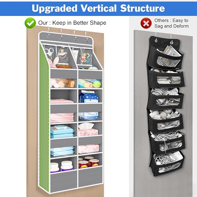 Univivi 5-Shelf Fabric Door Organizer Over Door Hanging Organizer with 8 Deep Pockets and 4 Small PVC Pockets Hanging Storage Organizers for Baby Nursery(Grey)