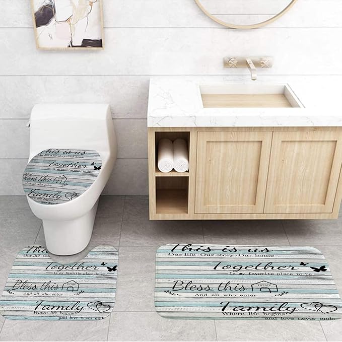 4Pcs Family Shower Curtain Sets with Non-Slip Rugs, Toilet Lid Cover and Bath Mat, Wood Grain Home Bathroom Decor Set Accessories Waterproof Shower Curtains with 12 Hooks, 72 x 72 Inch