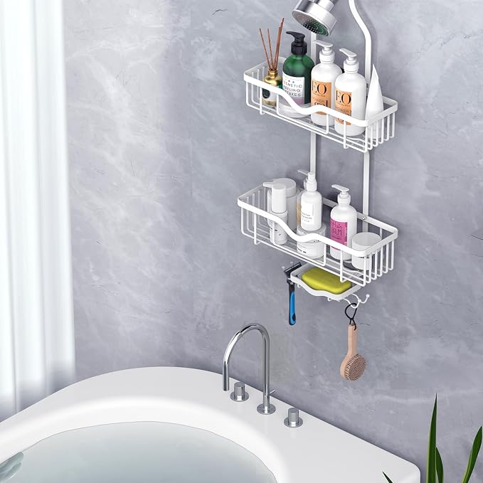 Shower Caddy Hanging, Bathroom Shower Rack, Bathroom Organizer with Soap Dish, Over The Showerhead Caddy with Hooks for Razor/Sponge, Soft White (Assembly Required)