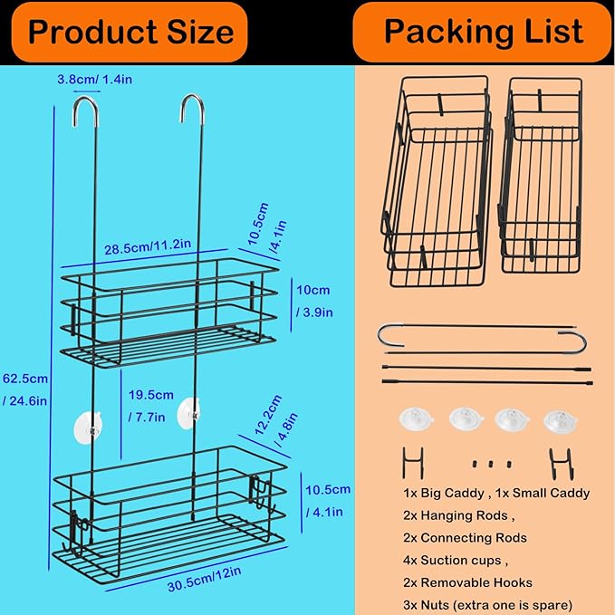 Shower Organizer Hanging Shower Caddy with Rotatable Hook bar Over the Door and Can be Hung on the Faucet or Claw Foot, Stainless Steel Rust Proof and Durable （Black）