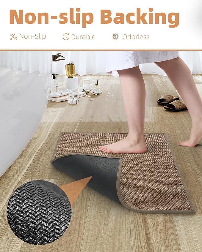PADOOR Non-Slip Bath-Mats, Rubber-Backing Braided Absorbent Bathroom Mat Machine Washable Thin Bathroom Rugs Fit Under Door Quick Dry Bath Rugs for Floor, 17''x24'' Brown