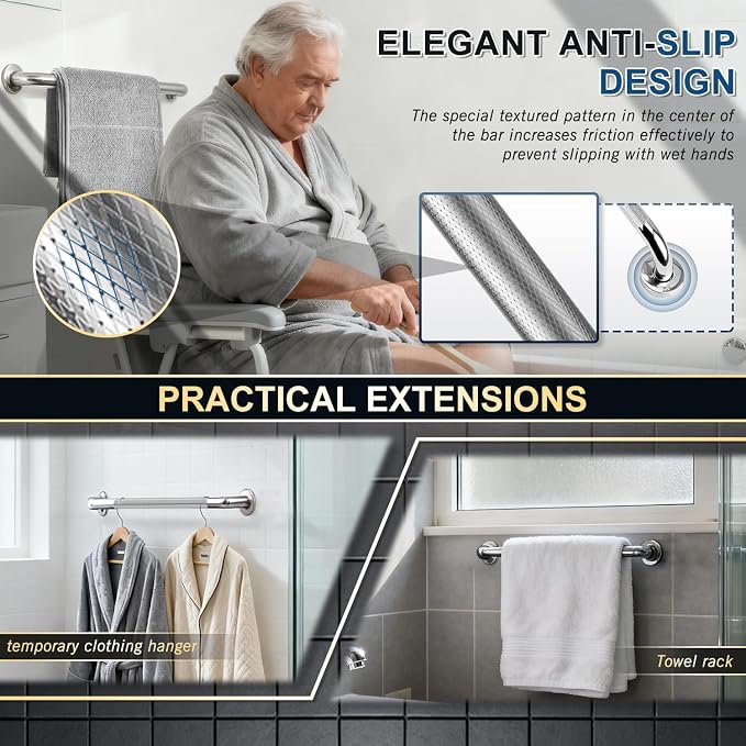 supregear Grab Bars for Bathtubs and Showers, Anti Slip Bathroom Grab Bars for Seniors, 304 Stainless Steel Safety Shower Handle, Toilet Handicap Elderly Assist Bathroom Wall Handle, 24 inch