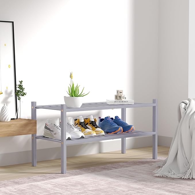 ROMGUAR CRAFT 2 Tier Bamboo Shoe Rack for Closet Free Standing Wood Shoe Shelf for Entryway Small Space Stackable 27"x11"x13" (Grey)