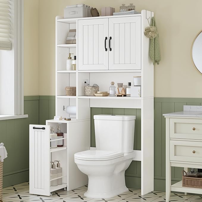 UPOSOJA Over The Toilet Storage Cabinet with Pulley Small Bathroom Storage Cabinet, Space Saver W/Adjustable Shelf & Open Shelf for Bathroom, Restroom, Laundry (White-Type A)