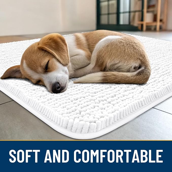 Smiry Dog Door Mat for Muddy Paws 70x24, Absorbent Dirt Trapper, Non-Slip Washable Chenille Entryway Rug for Inside Floor, White, Classic Solid