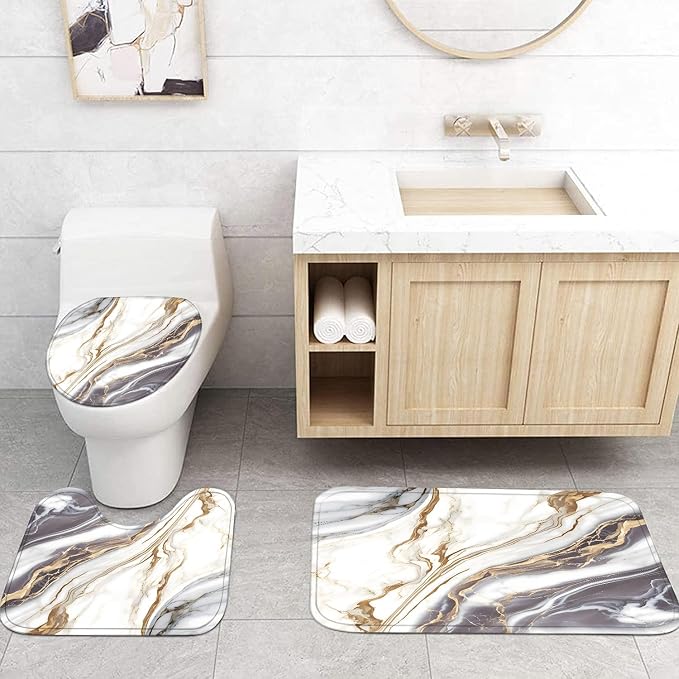 Nkzply 4 Pcs White Marble Shower Curtain Set Grey Bathroom Sets with Shower Curtain and Rugs Gold Modern Abstract Bathroom Decor Accessories Gray Bathroom Rugs Toilet Lid Cover with Hooks