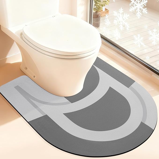 ACCUMTEK Non Slip Bath Mat, Thin Bathroom Rugs Fit Under Door, Quick Dry Bath Mats, Machine Washable Bath Rugs for Bathroom, Bathtub & Kitchen, Grey/Bordered/U-Shaped 24"x20"