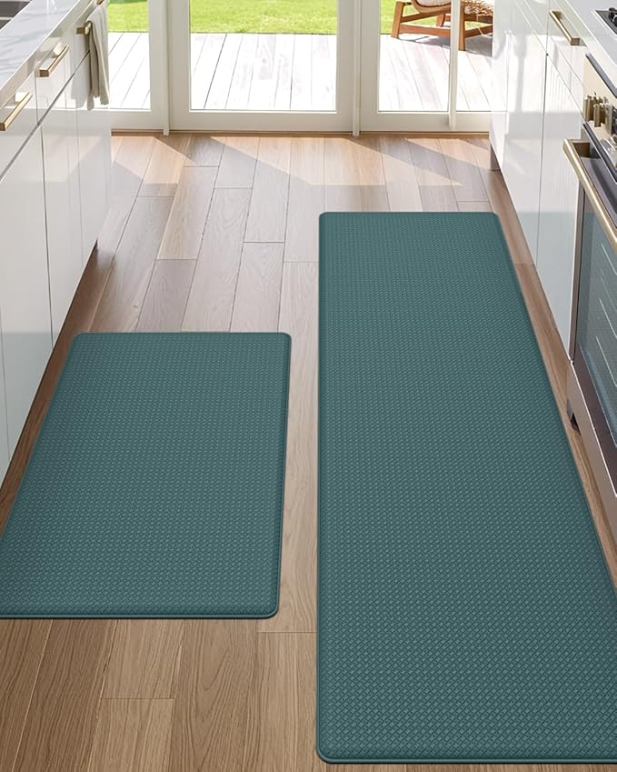 DEXI Kitchen Floor Mats Cushioned Anti Fatigue,17x29+17x59, Standing Runner Rug Waterproof, Comfort Memory Foam Padded for Front Sink Laundry Set of 2, Hunter Green