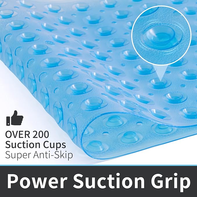 ROSMARUS Shower Mat Extra Long 16” x 39” Non-Slip Bath Mat for Tub with Suction Cups and Drain Holes Bathtub Mats for Kids, Baby, Bathroom Shower Floor Mat Anti Slip Bathtub Accessories, Blue