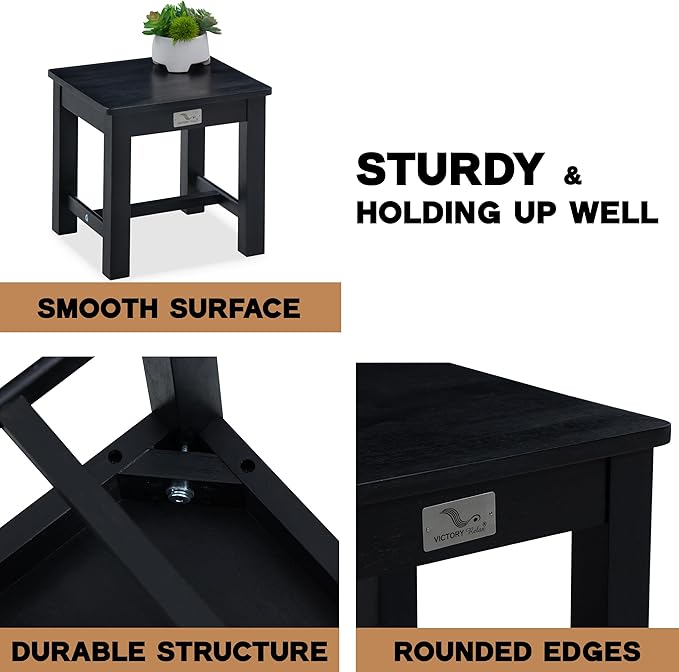 VICTORY RELAX 12 Inch Wooden Black Step Stool, Small Nature Beach Chair Under Desk, Indoor Acacia Wood Short Footstool for Living Room, Kitchen, Bathroom
