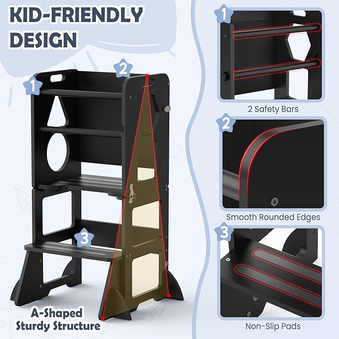 Woodure 4 in-1 Toddler Kitchen Step Stool, Foldable Learning Standing Tower with Blackboard, Wooden Kitchen Stool Helper for Kids, 1-3 Year Old Boy Girl Gifts - Black