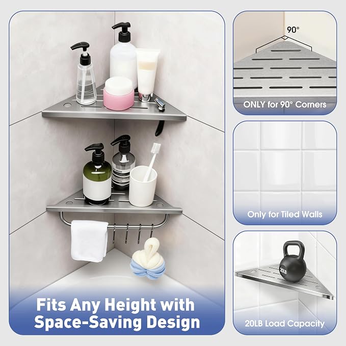 Shower Corner Shelf, 10'' Corner Shower Shelf with Towel Bar & Hooks, 2-Pack 304 Stainless Steel Recessed Bathroom Shelves, No Drilling for Tiled Wall (Brushed Nickel)