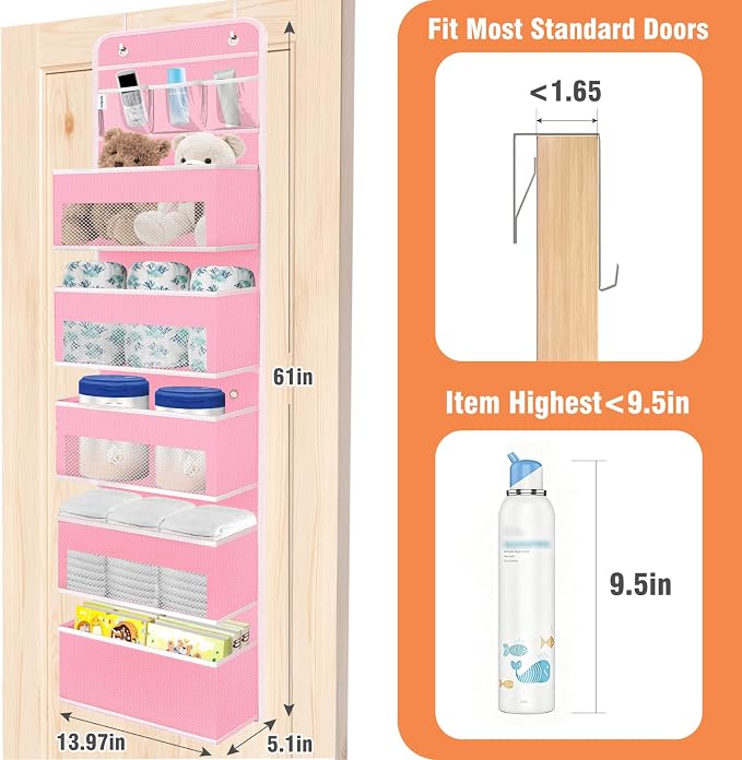 WISELIFE Over the Door Organizer - 6 Shelves Detachable Hanging Bedroom Storage Solution with 5 Large Pockets and 3 PVC Pockets for Dorm Bathroom, Pantry Nursery Baby Essentials (Pink)