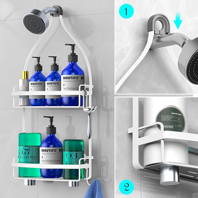 Meangood Shower Caddy Over Shower Head, White Anti-Swing Hanging Shower Caddy with 4 Remove Hooks for Razor, Sponge, Towels Rustproof Shower Organizer for Bathroom