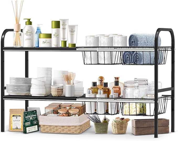 Expandable 2-Tier Under Sink Organizer, 8 Removable Plastic Boards, Tool-Free Installation (Black, 2-Tier 4 Boards and 4 Baskets)