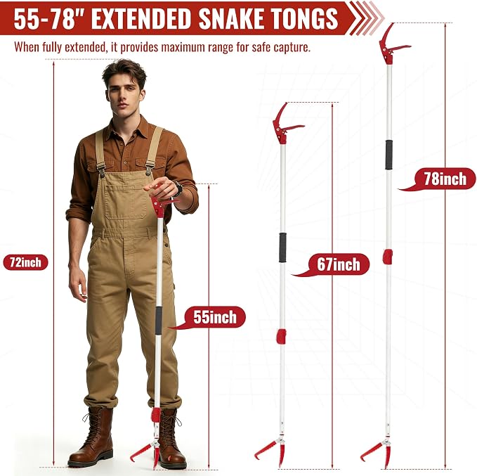 IC ICLOVER 55-78" Extended Snake Tongs, Extra Long Telescopic Snake Grabber Tool, Aluminum Heavy Duty Rattle Snake Catcher Handling Tools, Professional Grabber with Lock, Non-Slip Handle & Wide Jaw