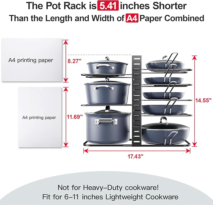 ORDORA Pots and Pans Organizer Under Cabinet 14.55" Height, Adjustable 8-Tier Pot Organizers inside Cabinet, Kitchen Organizers and Storage Fit 6-11 inch Lightweight Cookware