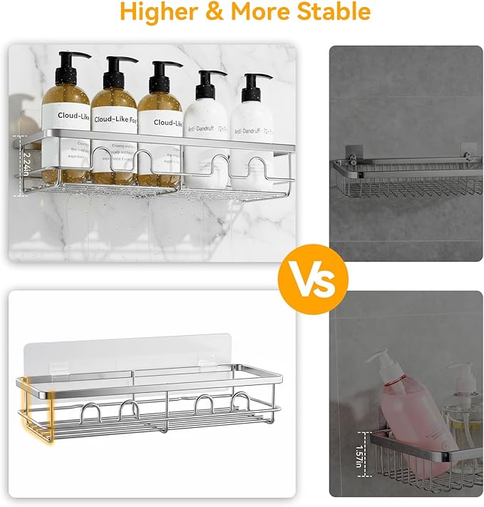 Adhesive Shower Caddy, Large Capacity Shower Racks for Inside Shower, No Drill Bathroom Shower Organizer and Storage, 2 Pack Silver Bathroom Shelves, Home Decor Rv Accessories, Apartment