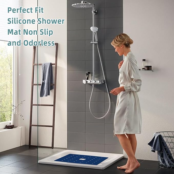 Shower Mat Non Slip Silicone Soft Odorless Bathtub Mat Non Slip No Suction Cups for Refinished,Reglazed and Textured Bath Tub Mat 24 X 24 Inch Navy