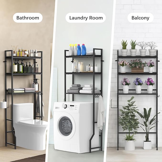 Over The Toilet Storage 3 Tier Over Toilet Bathroom Organizer Wooden Bathroom Space Saver Freestanding Above Toilet Stand with 4 Hooks Black Over The Toilet Rack for Restroom, Laundry
