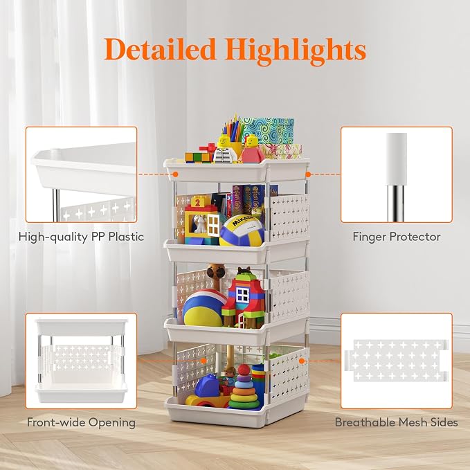 Lifewit Plastic Stackable Storage Baskets, 4 Tier Stacking Bins for Food and Clothes, Multifunctional Organizer for RV, Kitchen, Playroom, Pantry, White, 35 x 30 x 72 cm/14 x 12 x 28 inch, 2 Pack