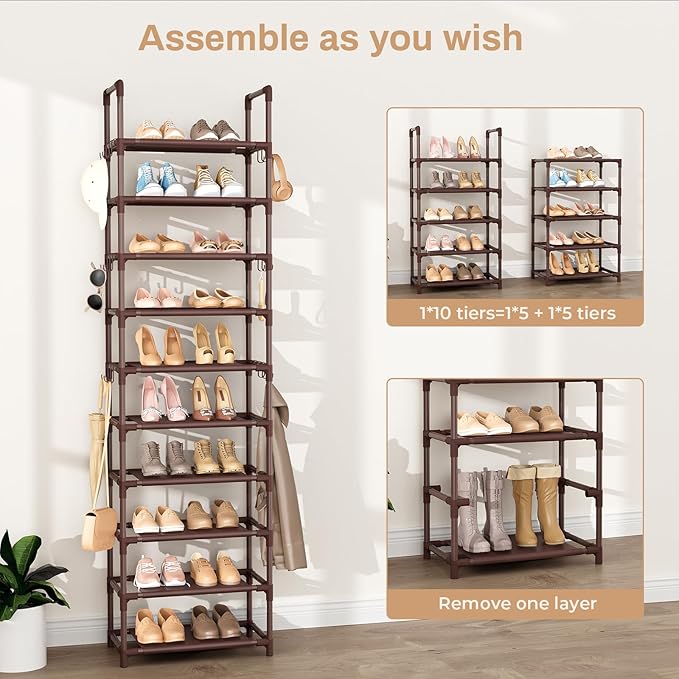 VTRIN 10 Tiers Tall Shoe Rack Holds 20-25 Pairs of Shoes Sturdy Vertical Shoe Organizer with 18pcs Hooks Stackable Narrow Shoe Rack for Closet, Entryway Brown