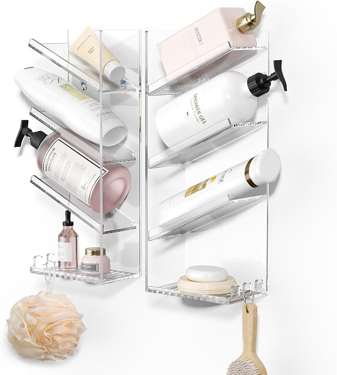 AITEE Acrylic Bathroom Organizer Caddy, Clear Shampoo Holder Wall Mounted, Shower Organizer with Suction Cup, No Drilling and Rustproof, Sturdy and Durable - Combination Shelf