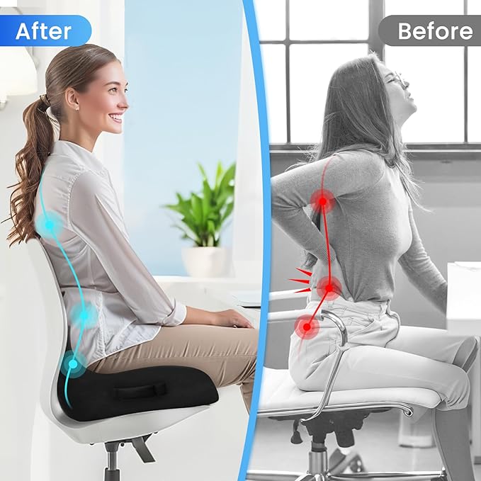 CushZone Seat Cushion, Ergonomic Memory Foam Seat Cushions for Office Chairs, Car, Long Trip, Desk Chair, Lab, Extra Large Size for Sciatica & Hip & Tailbone Pain Relief, Sciatica Support (Black)