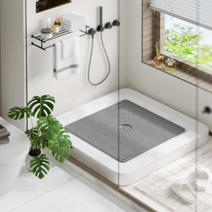 HITSLAM Shower Mat, 24x24 Inch Square Non Slip Bathtub Mat, Soft PVC Loofah Bath Mat for Tub with Hanging Holes, Quick Drying Shower Floor Mat, Without Suction Cups, Grey