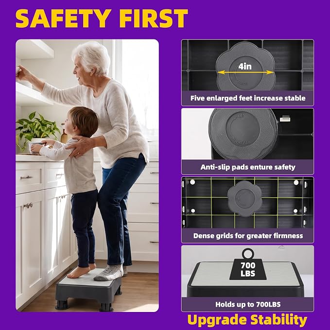 Adjustable Step Stool, 700 LBS Capacity Safety Bed Step for Seniors, Exercise Setp Platform, Portable Stair Assist for Elderly, Wide Step up for Kitchen, Car, Bedside & Shower, Grey