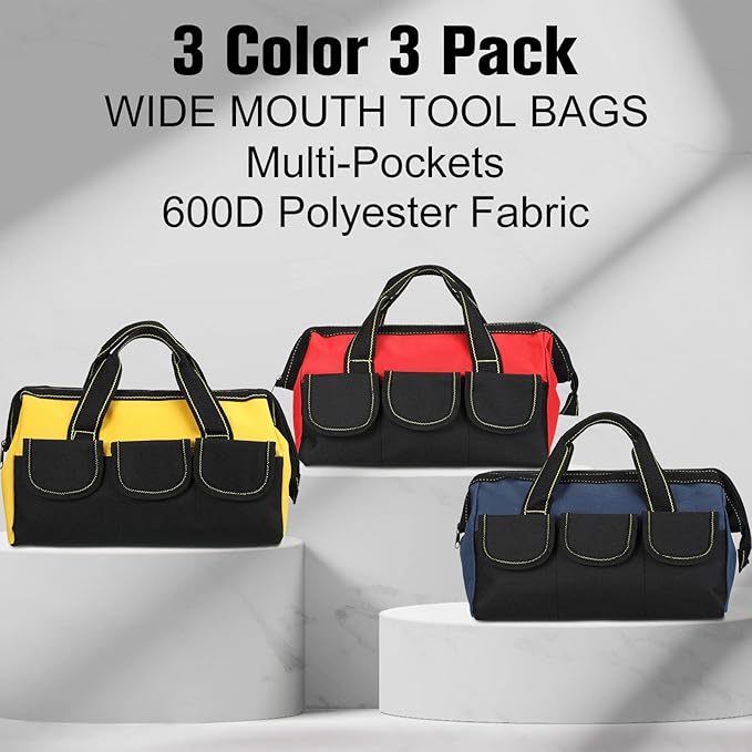 Sanwuta 3 Pack Tool Bag for Men with Waterproof Hard Bottom, Heavy Duty Tool Bag Wide Mouth Tote for Various Instrument, Electrician Carpenter Mechanic(Blue, Red, Yellow,16 Inch,Classic)