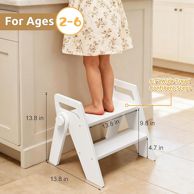 Wooden 2 Step Stool for Toddler Kids Bathroom Foldable 2-Step for Toilet Potty Training, Child Stepping Stool for Kitchen Nursery Bedroom,White
